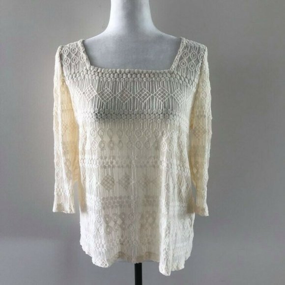 Lucky Brand Tops - LUCKY BRAND Boho Blouse Top Size Large Cream Ivory Lace Knit Square Neck
